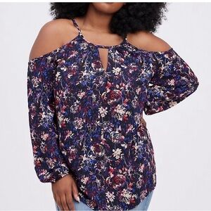 #99 torrid 2 purple and black Georgette cold shoulder blouse